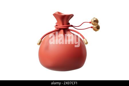 Rote Zeichentricktasche und kleine Glocken, 3D-Rendering. 3D-Abbildung. Stockfoto