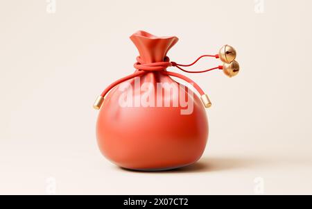 Rote Zeichentricktasche und kleine Glocken, 3D-Rendering. 3D-Abbildung. Stockfoto