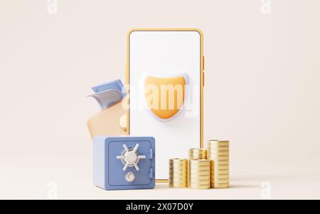 Sicherheitsschild am Handy, 3D-Rendering. 3D-Abbildung. Stockfoto