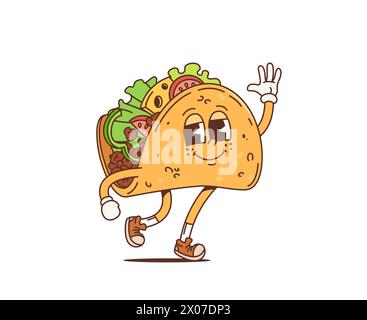 Cartoon Retro mexikanischer Taco grooviger Charakter oder funky Fast Food, Vektor-Comic-Charakter. Fröhlicher grooviger Taco mit Gesicht und Hi-Greet-Handgeste in Hippie- oder Hipster-Zeichentrickkunst der 70er Jahre für lustiges Fastfood Stock Vektor