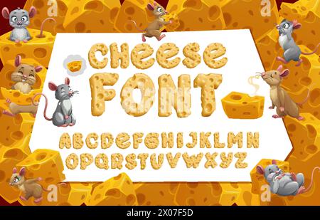 Käseschriftart, Käseschriftart, Gouda- oder Cheddar-Schriftart, gelbes englisches Alphabet. Englische ABC-Sondersymbole, Schriftartsatz Vektorzahlen und -Zahlen oder Alphabetbuchstaben mit Käsestücken und Maus Stock Vektor