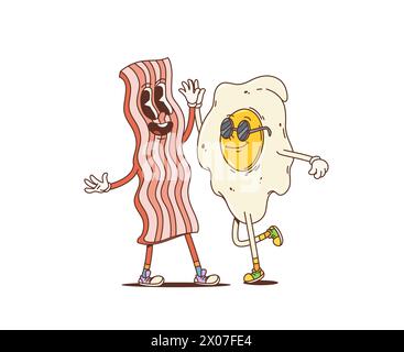 Cartoon-Retro-Speck und Ei-Groovy-Charaktere. Niedliche und lustige Vektor-Food-Persönlichkeiten geben High Five und freuen sich zusammen. Isolierte Frühstückszutaten Freundschaft, Kawaii-Funky-Freunde freuen sich Stock Vektor