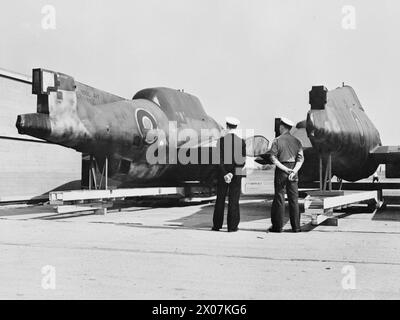 US-FLUGZEUGE FÜR DIE BRITISCHE FLOTTENFLOTTE. OKTOBER 1943 IN DEN VEREINIGTEN STAATEN. DIE FLOTTENFLOTTE DER ROYAL NAVY SETZT DIE NEUESTEN FLUGZEUGTYPEN EIN, DIE IN DEN USA GEBAUT WURDEN. EINIGE DER FLUGZEUGE, DIE SICH IN DER PRÜFUNG, VERPACKUNG UND VERSAND AUS DEN USA BEFINDEN. - Grumman-Flugzeug für den Versand zur Royal Navy Stockfoto