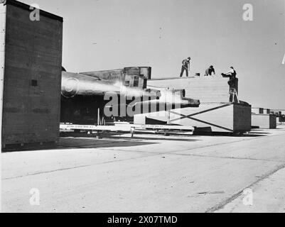 US-FLUGZEUGE FÜR DEN LUFTWAFFENARM DER BRITISCHEN FLOTTE. OKTOBER 1943, ROOSEVELT FIELD, LONG ISLAND, NEW YORK. DIE FLOTTENFLOTTE DER ROYAL NAVY SETZT DIE NEUESTEN FLUGZEUGTYPEN EIN, DIE IN DEN USA GEBAUT WURDEN. EINIGE DER FLUGZEUGE, DIE SICH IN DER PRÜFUNG, VERPACKUNG UND VERSAND AUS DEN USA BEFINDEN. - Flugzeuge für die Royal Navy für den Versand auf Roosevelt Field Stockfoto