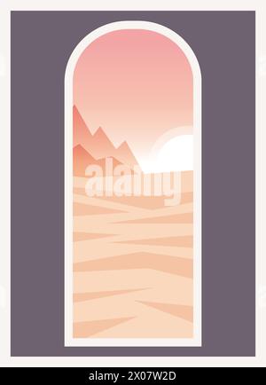 Zeitgenössischer Blick auf die Berge bei Sonnenaufgang. Farbenfrohes Poster in der Wüstenlandschaft im Sommer. Boho-Wanddekor, Tal mit hellem Sonnenuntergang. Mid Century Modern Stock Vektor
