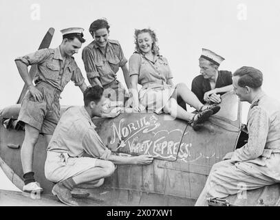 MIT DER BRITISCHEN MARINE IM OSTEN. MÄRZ BIS MAI 1945, AM ROYAL MARINEFLUGBAHNHOF COLOMBO, AN BORD DES BEGLEITSCHIFFS HMS EMPRESS USW. - Norma Tulee, eine junge Walthamstow-Schauspielerin, die SEAC mit der ENSA-Show Variety Express tourte, machte einen großen Hit mit der Schiffsgesellschaft auf einer Royal Naval Air Station in Ceylon. Hier ist sie bei der inoffiziellen Taufzeremonie, als sie ein Flugzeug nach ihr benannten Stockfoto