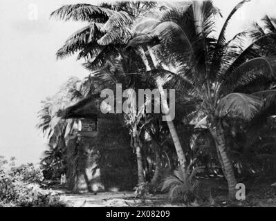 MARINES VERSTÄRKEN GEHEIME TROPISCHE ANKERPLÄTZE. 1944, ADDU ATOLL, MALEDIVEN. DIE DREIECKIGE GRUPPE VON KORALLENBUCHTEN AUF DEN MALEDIVEN, DIE TROTZ DER BENACHTEILIGUNGEN DURCH KRANKHEIT UND DSCHUNGEL HEIMLICH ALS ANKERPLATZ FÜR SCHIFFE BEFESTIGT WURDEN, DIE DIE WEITEN GEBIETE DES INDISCHEN OZEANS ÜBERQUERTEN, DIE IM SEPTEMBER 1941 VON DEN ROYAL MARINES DORTHIN GESCHICKT WURDEN. - Einer der Suchlichttürme, die von den Marines gebaut wurden Stockfoto