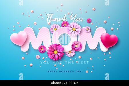 Happy Mother's Day Postkarte mit rosafarbenen Papierherzen und Dankeschön Mom Textetikett auf blauem Hintergrund. Vektorfeierungs-Design mit Symbol der Liebe für Stock Vektor