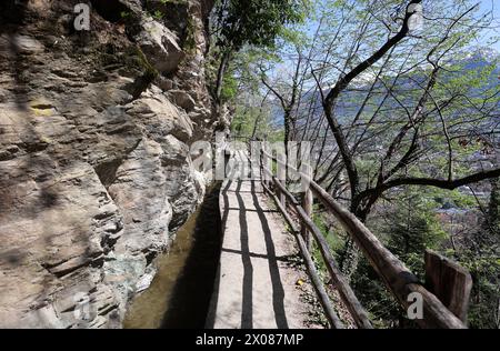 Marling, Südtirol, Italien 07. April 2024: Ein Frühlingstag bei Marling, hier am Marlinger Waalweg bei Meran. Hier der Blick auf den Wanderweg, Tourismus, wandern, spazieren, Ausblick, Panorama, wärme, Fels, Zaun, Sicherung *** Marling, Südtirol, Italien 07 April 2024 Ein Frühlingstag bei Marling, hier am Marlinger Waalweg bei Meran hier der Blick auf den Wanderweg, Tourismus, Wandern, Wandern, Wandern, Panorama, Wärme, Felsen, Zaun, Sicherheit Stockfoto