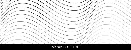 Schwarze Wellenlinien, die von dünn bis dick reichen. Gestreifte Wellen in Tinte gezeichnet. Abstrakter geometrischer Hintergrund mit monochromer Wasseroberflächenstruktur. Vektor Stock Vektor