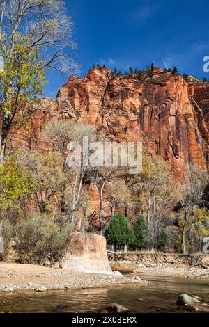 Der Tempel von Sinawava im Zion National Park in Utah, der Beginn der flussaufwärts gelegenen Wanderung durch den Virgin River und die Narrows Wanderung. Stockfoto