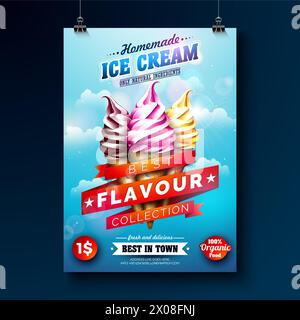 Köstliches Eis-Flyer-Design mit klassischen Geschmack Eisbecher auf blauem bewölktem Himmel Hintergrund. Vektor-Sommer- und Geschäftsthema-Illustration mit Text Stock Vektor