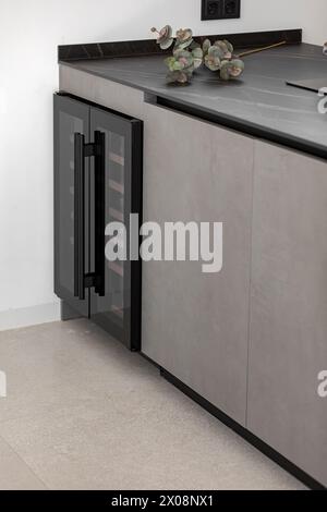 Der elegante integrierte Weinkühler fügt sich nahtlos in eine moderne Kücheneinrichtung ein, ergänzt durch eine stilvolle Arbeitsplatte und dekorativen Eukalyptus Stockfoto