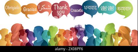 Sprechblasen mit Text Vielen Dank in verschiedenen internationalen Sprachen.Gruppe von Silhouette multikulturellen Menschen Profil aus verschiedenen Ländern Stock Vektor