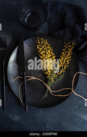 Blick von oben auf einen künstlerischen Tisch mit modernem schwarzem Geschirr und leuchtend gelben Mimosa-Blüten, die mit Garn für einen schicken Kontrast gebunden sind. Stockfoto