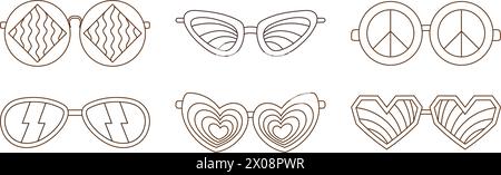 Retro Groovy Sonnenbrillen Kollektion mit verschiedenen Mustern in Schwarz und weiß. 1970er Jahre Vibe Set Stock Vektor