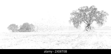 starling fliegt unter dem schneebedeckten Östronino comun volando bajo la nevada Stockfoto