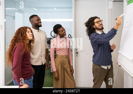 Ein vielfältiges Team in einem geschäftlichen Meeting mit einem Mann, der vor Kollegen präsentiert. Stockfoto