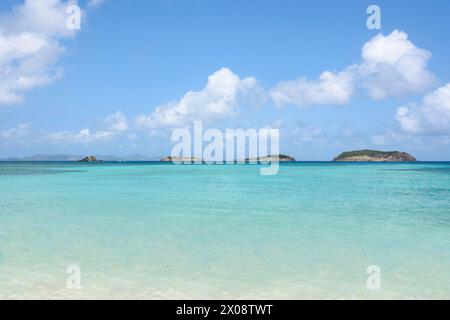 Die Pillories Islands vom L'Ansecoy Kite Beach, Mustique Island, St. Vincent & die Grenadinen, Karibik Stockfoto