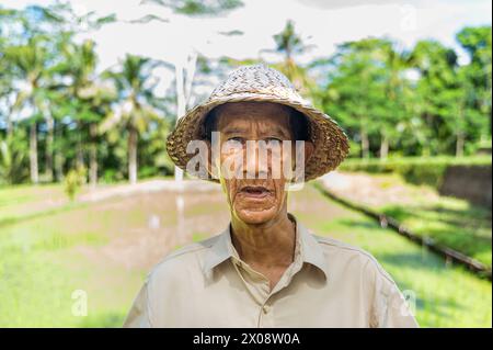 Ein älterer balinesischer Mann mit einem traditionellen gewebten Hut steht vor einem üppigen Reisfeld in Bali, Indonesien, was das ländliche Leben und das kulturelle Erbe symbolisiert Stockfoto