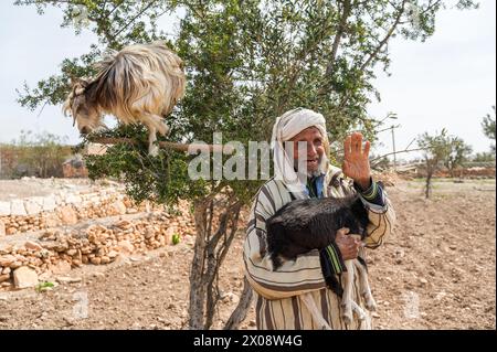 Ein lächelnder marokkanischer Mann in traditioneller Kleidung, der eine schwarze Ziege hält und eine andere Ziege auf einem Baum hinter ihm hockt und das ländliche Leben in Marokko darstellt Stockfoto