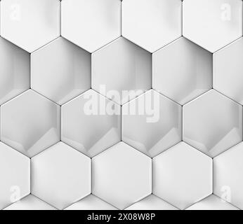 Ein weißes sechseckiges geometrisches 3D-Muster erzeugt ein nahtloses Mosaik für ein schlankes, futuristisches Tapetendesign Stockfoto