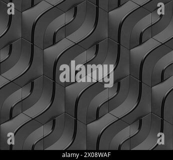 Geometrisches nahtloses 3D-Muster in Schwarz mit schwarzer 3D-Illustration der Serie Elements Lines Stockfoto