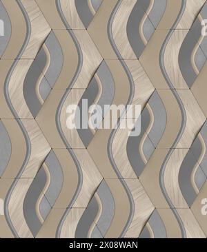 Geometrisches nahtloses 3D-Muster in braunem Holz und grauen Elementen Wellenserie 3D-Illustration Stockfoto