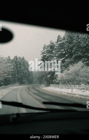 Blick aus einem Fahrzeug auf eine schneebedeckte Straße, die sich durch einen dichten Wald in Japan schlängelt, mit schneebedeckten Bäumen und ruhiger Winteratmosphäre Stockfoto