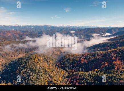 Ein atemberaubender Blick auf den nebeligen Irati-Wald im Herbst mit den majestätischen Pyrenäen und dem Larrau-Pass in der Ferne, der die natürliche Schönheit von zeigt Stockfoto