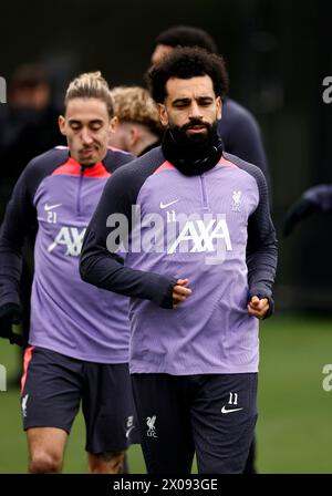 10. April 2024; Anfield and AXA Training Centre, Liverpool, Merseyside, England; Pressekonferenz und Training vor dem Spiel der UEFA Europa League zwischen Liverpool und Atalanta in Liverpool, England. Mohamed Salah aus Liverpool während der heutigen Schulung im AXA Training Centre in Kirkby, Stockfoto