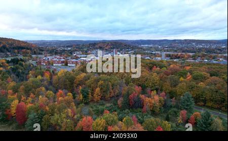 arialansicht der binghamton University in Vestal, New york im Herbst mit Herbstlaub (Blätter ändern ihre Farbe) in der Abenddämmerung, Sonnenuntergang, bewölktem Himmel (Bibliothek) Stockfoto