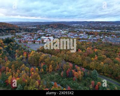 arialansicht der binghamton University in Vestal, New york im Herbst mit Herbstlaub (Blätter ändern ihre Farbe) in der Abenddämmerung, Sonnenuntergang, bewölktem Himmel (Bibliothek) Stockfoto