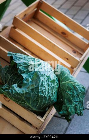 Letzter Kohl, der auf dem Markt verkauft wird, in einer Holzkiste Stockfoto