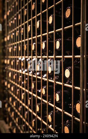 Weinflaschen gefüllt mit dem besten Wein werden im Keller mit Korkstopfen arrangiert, die darauf warten, auf den Markt gebracht zu werden Stockfoto