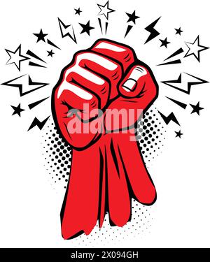 Rote Hand erhobene geballte Faust. Symbol für revolutionären Protest, Bedrohung, Gefahr. Vektor auf transparentem Hintergrund Stock Vektor