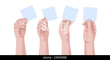 Arme erhobene Hände halten einen leeren Satz aus Sprechblasen-Papier. Mann oder Frau Palm kann alles halten, was Sie wollen. Sammlung von Vorlagen für Nachrichten, Werbung, Notizen, Erinnerungen. Realistischer Anime-Stil. Stock Vektor