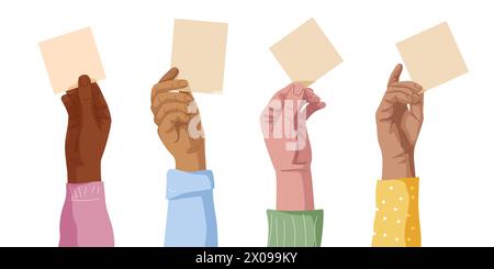 Handfläche und Finger, verschiedene Rassen und Stoffelemente, die leeres Banner mit Kopierraum halten. Sie brauchen es für Broschüren, Broschüren, Werbung, Ankündigungen, realistischen Anime-Stil Stock Vektor