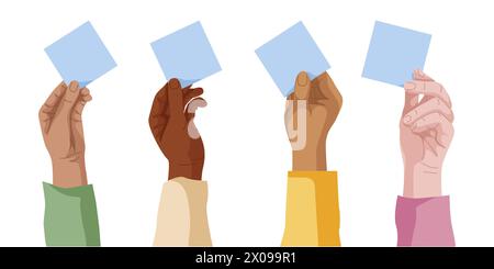 Set aus isolierten, verschiedenen Farben menschlicher Hände und einem Tuch, das ein Stück Papier für Text hält. Designelement für Broschüren, Banner, Werbung. Realistischer Anime-Stil. Vektorabbildung. Stock Vektor