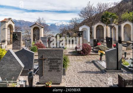 Blick auf den Friedhof Sant Abbondio, Ranzo, Gambarogno im Kanton Tessin, Schweiz Stockfoto