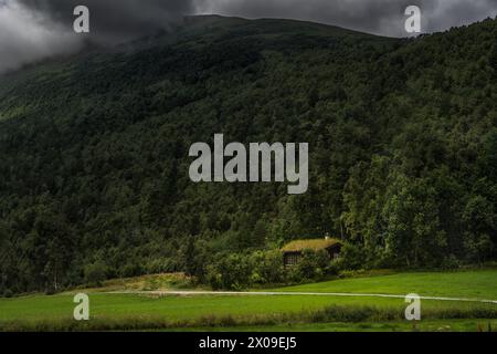 Eine kleine hölzerne Sommerhütte, eingebettet in eine Waldlichtung, mit dunklen Sturmwolken, die sich über einem Berggipfel sammeln. In der nordischen Wildnis Norwegens Stockfoto