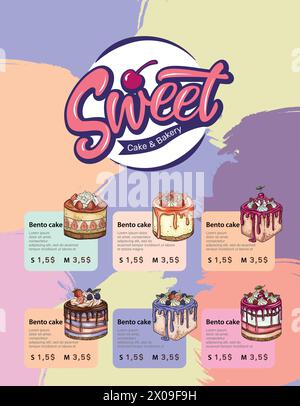 Handgezeichnete Vektorvorlage des Menüs mit Desserts, Süßigkeiten und Backwaren. Design mit Skizzenkuchen, Cupcake, Makronen, bento-Kuchen, Waffeln Stock Vektor