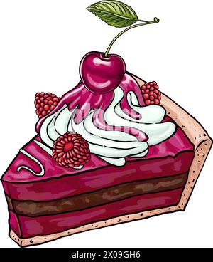 Stück Süßkuchen Set Vektor Handzeichnung. Köstliche Desserts mit Fruchtgarnituren und Sahne Stock Vektor