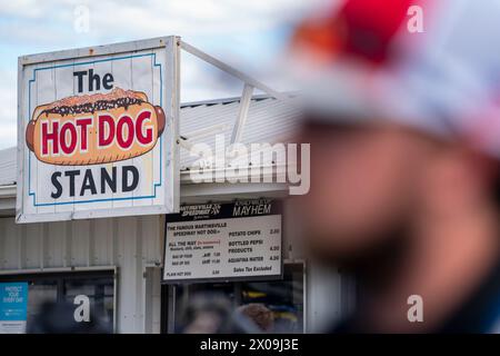 Der Hot Dog steht im Infeld des Martinsville Speedway, auf dem die Long John Silver's 200 in Martinsville, VA, USA, ausgetragen wird. (Bild: © Logan T Arce Action Sports Photography, Inc/Cal Sport Media) Stockfoto