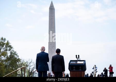 Washington, DC, USA. April 2024. DC-Whitehouse. Präsident Joe Biden begrüßt japanischen Premierminister Fumio Kishida am Mittwoch, den 10. April 2024, im Weißen Haus. (Foto: Haiyun Jiang/Pool/SIPA USA) Credit: SIPA USA/Alamy Live News Stockfoto