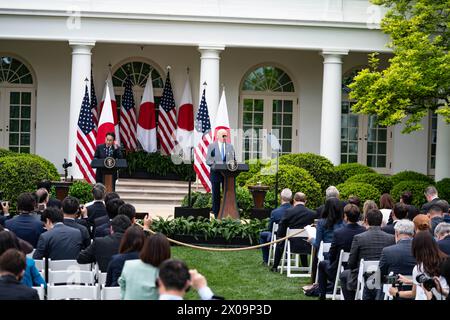 Am 10. April veranstaltete Präsident Joe Biden eine gemeinsame Pressekonferenz mit Premierminister Kishida Fumio aus Japan zu einem offiziellen Besuch in den Vereinigten Staaten Stockfoto