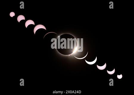 Greenwood, Usa. April 2024. 8. April 2024, Greenwood, Indianapolis: Der Mond, der während der Total Solar Eclipse 2024 vor der Sonne vorbeizieht, ist über Greenwood im Bundesstaat Indiana (Pennsylvania) im Nordosten der Vereinigten Staaten zu sehen. Quelle: Eyepix Group/Alamy Live News Stockfoto
