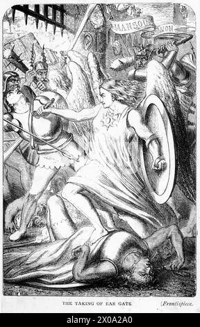Gravur der Aufnahme des Ohrentors, Illustration aus dem Heiligen Krieg, von John Bunyan Stockfoto