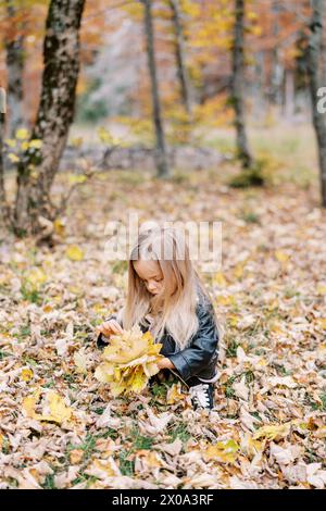 Das kleine Mädchen sammelt einen Strauß gelber Blätter, während es im Herbstpark hockt Stockfoto