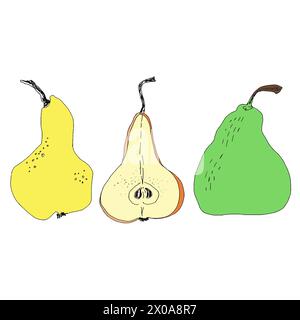 Satz von verschiedenen Birnen, handgezeichnet Umrisse. Die schwarze Linie auf weißem Hintergrund. Birnen und Birnen Scheiben mit Blättern und Zweigen. Vektorelemente Stock Vektor